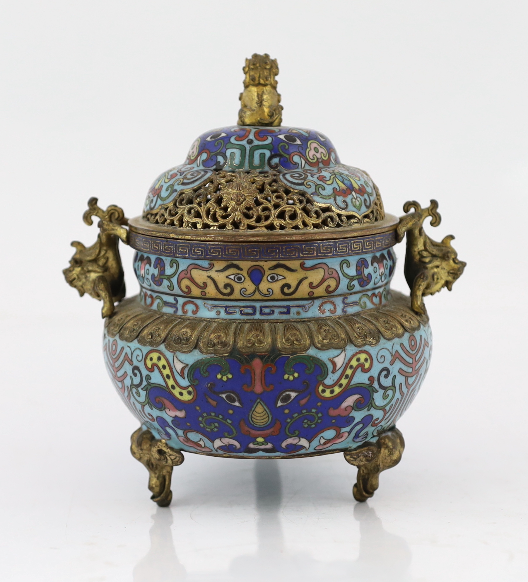 A Chinese cloisonné enamel and gilt bronze mounted censer and cover, 19th century, minor damage